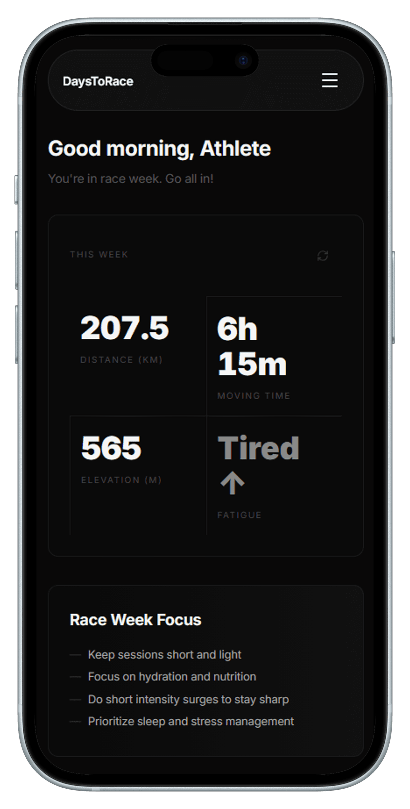 DaysToRace dashboard